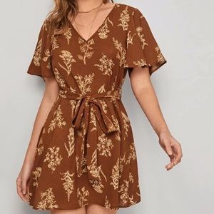 SHEIN Botanical, White flower, Orange Belted Dress